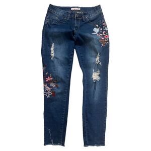 YMI Jeans Juniors Women 7 Blue Ankle Distressed Floral Embroidery Raw Hem